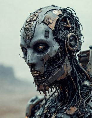 The primary subject of the image is a robot with a metallic face and a large number of wires and cables. The robot appears to be a futuristic, mechanical being with a somewhat menacing appearance. The setting is a dark, industrial environment, with the robot standing in front of a mountainous backdrop. The visual style of the image is a combination of photo and digital art, creating a unique and intriguing scene. The colors and mood of the image are predominantly dark and moody, with the